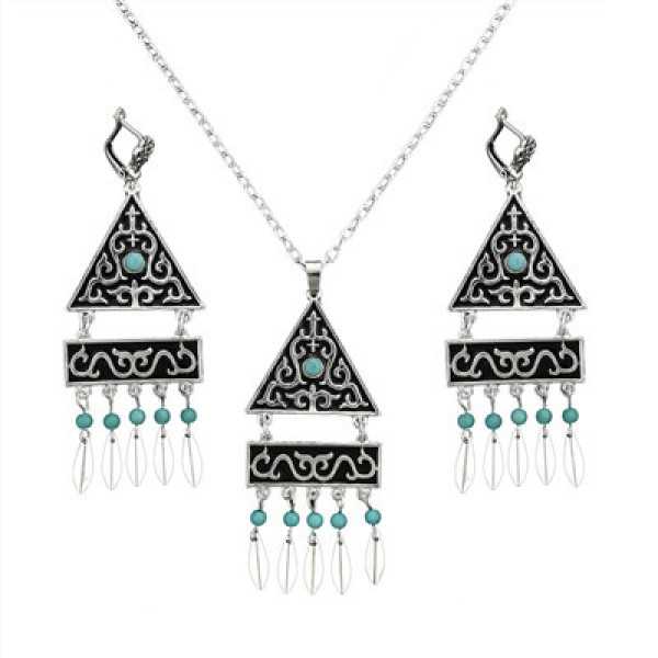 N-7073 Bohemian Vintage Silver Turquoise Embellish Small Leaves Tassels Necklace Earrings Fashion Jewelry Sets