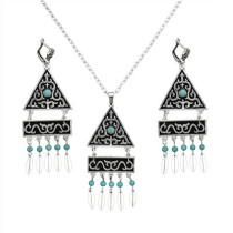 N-7073 Bohemian Vintage Silver Turquoise Embellish Small Leaves Tassels Necklace Earrings Fashion Jewelry Sets