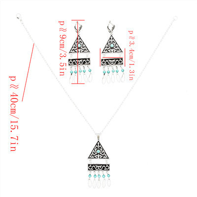 N-7073 Bohemian Vintage Silver Turquoise Embellish Small Leaves Tassels Necklace Earrings Fashion Jewelry Sets