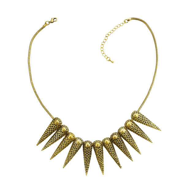 N-1884 New Punk Fashion Vintage Gold Tone Metal Spike Rivets Chunky Bib Necklace