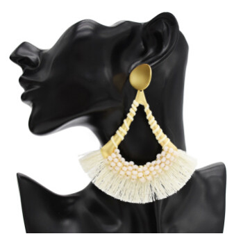 E-4697 Fashion Cotton Thread Resin Beads Long Tassel Drop Earrings for Women Boho Wedding Party Jewelry