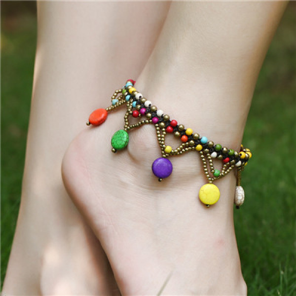 B-0897 3 Colors Bohemian Trendy Anklet Turquoise Beads Crystal Anklet Foot Chain Jewelry For Women