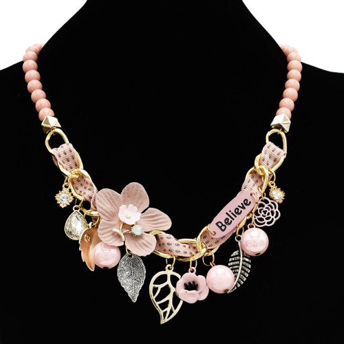 N-7075 New Bohemian Bead Chain Mulriple Flower Leaf Pendant Fashion Necklace for Women