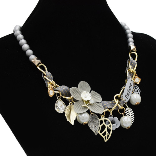 N-7075 New Bohemian Bead Chain Mulriple Flower Leaf Pendant Fashion Necklace for Women