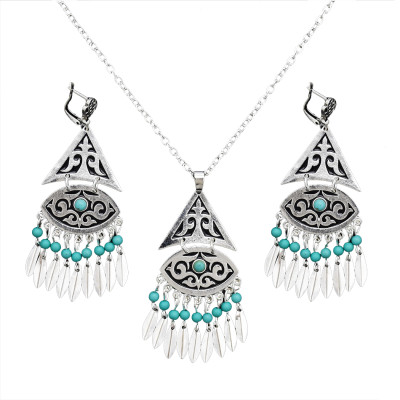 N-7074 Fashion Bohemian Necklace Earrings Jewelry Sets Silver Beads Small Leaves Tassels Pendant Necklace Earring