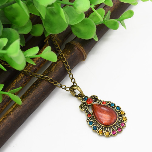 N-2365 New Fashion Long Bronze Chain Colorful Stone Pendant Vintage Necklace For Women