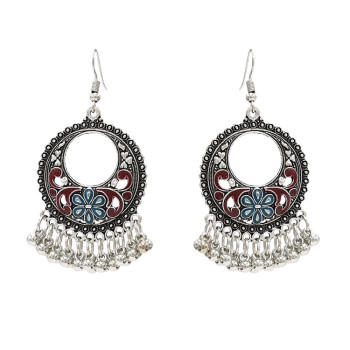 E-4717 4 colors Bohemian Vintage Silver Enamel Flower Ball Tassel Dangle Earrings