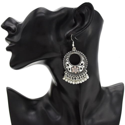 E-4717 4 colors Bohemian Vintage Silver Enamel Flower Ball Tassel Dangle Earrings