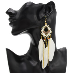 E-4712 Bohemian Vintage Gold Feather Pendant Tassels Drop Dangle Earrings Hook Earring