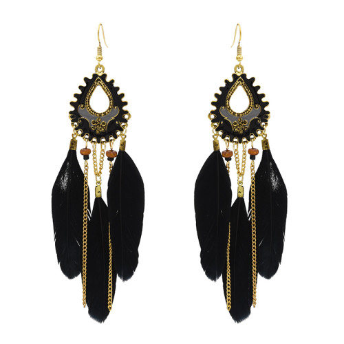E-4712 Bohemian Vintage Gold Feather Pendant Tassels Drop Dangle Earrings Hook Earring