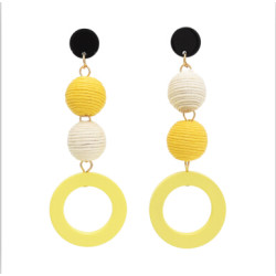 E-4709 2 colors Korean Personality Drop Earrings Thread Wrapped Crispin Thread Ball Bon Bon Ball Pom Pom Ball Wood Circles Pendant Dangle Earrings Women Party Jewelry