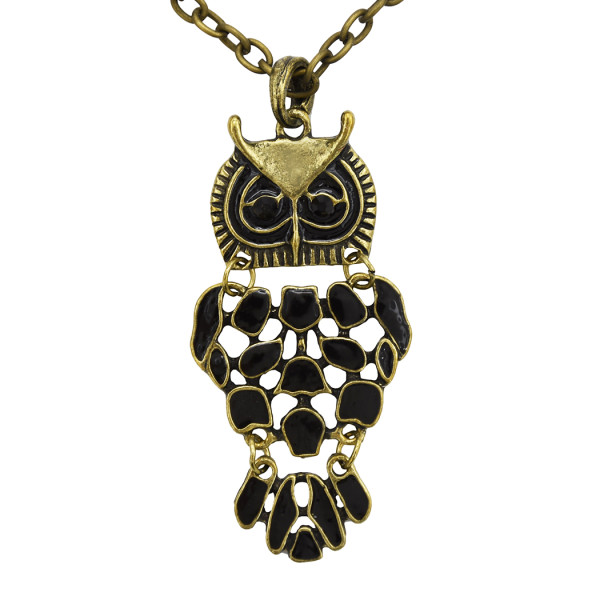 N-2554 New Coming Bronze Black Glazed Owl Pendant Necklace