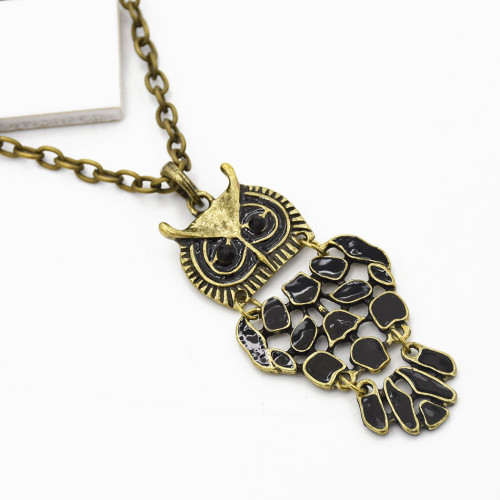 N-2554 New Coming Bronze Black Glazed Owl Pendant Necklace