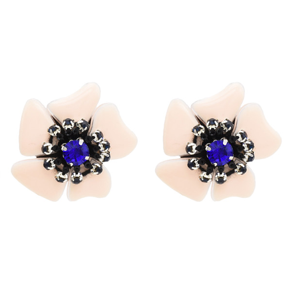 E-4725 Light Pink Enamel Acrylic Petal Flower Stud Earring Rhinestone Crystal Earrings