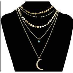 N-7082 Fashion Gold Metal Rhinestone Evil Eye Multilayer Moon Pendant Tassel Necklace Party Jewelry