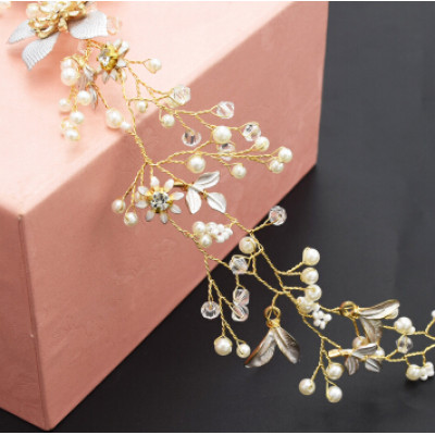 F-0495 Fashion Lace Flowers Crystal Pearl Beads Silk Chain Hairband Bridal Wedding Hair Accessories Jewelry