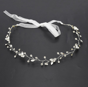 F-0496 Bridal Wedding Hair Accessories Jewelry Fashion Copper Alloy Lace Flowers Crystal Silk Chain Hairband