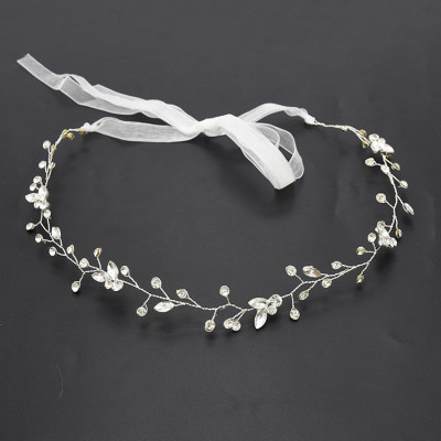 F-0496 Bridal Wedding Hair Accessories Jewelry Fashion Copper Alloy Lace Flowers Crystal Silk Chain Hairband