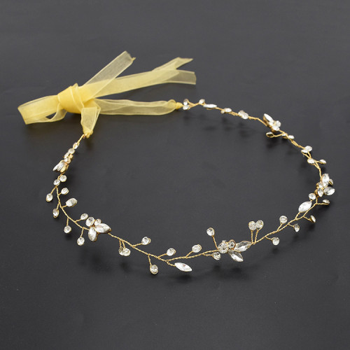 F-0496 Bridal Wedding Hair Accessories Jewelry Fashion Copper Alloy Lace Flowers Crystal Silk Chain Hairband