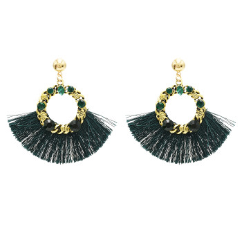 E-4748 Bohemian Statement Drop Earrings Rhinestone Thread Fringe Earring