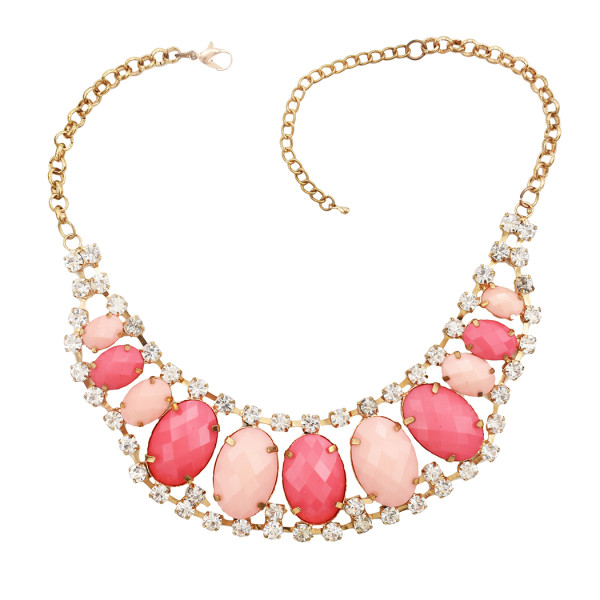 N-0566 New European style golden rhinestone geometry oval gem crescent bib necklace