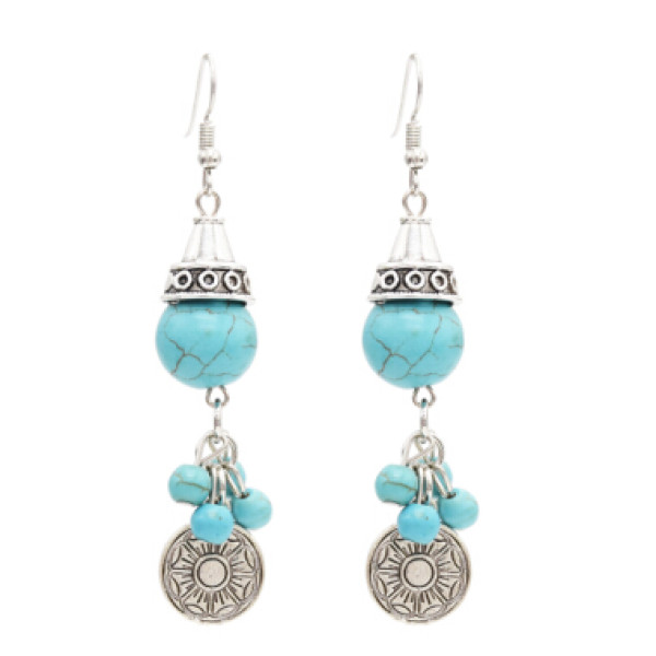E-4749 2 Styles Bohemian Ethnic Earrings Turquoise Beads Tassel Drop Earrings Round Coins Pendant Dangle Earrings Jewelry