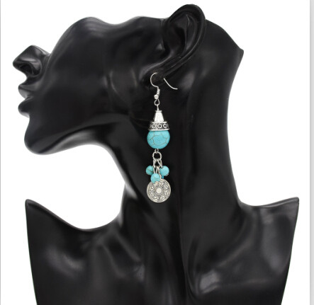 E-4749 2 Styles  Bohemian Ethnic Earrings Turquoise Beads Tassel Drop Earrings Round Coins Pendant  Dangle Earrings Jewelry