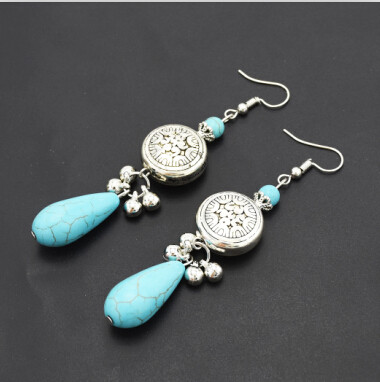 E-4749 2 Styles  Bohemian Ethnic Earrings Turquoise Beads Tassel Drop Earrings Round Coins Pendant  Dangle Earrings Jewelry