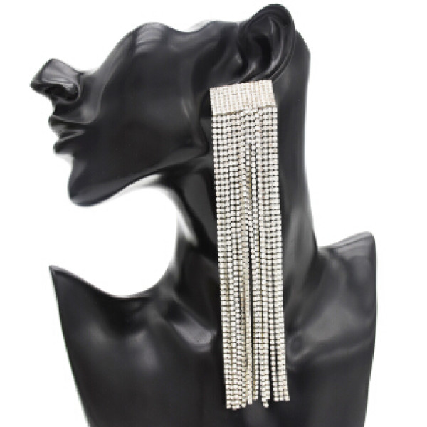 E-4766 Shiny Silver Gold Metal Rhinestone Long Tassel Drop Earrings for Women Bridal Wedding Party Jewelry Gift