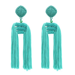 E-4769 Women's Statement Thread Beaded Tassel Earrings Long Fringe Drop Bohemian Earing with Button Stud