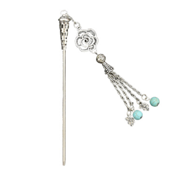 F-0497 Vintage Silver Metal Flower Shape Long Tassel Hair Sticks for Women Chopsticks Hair Jewelry Accessories