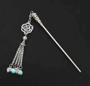 F-0497 Vintage Silver Metal Flower Shape Long Tassel Hair Sticks for Women Chopsticks Hair Jewelry Accessories