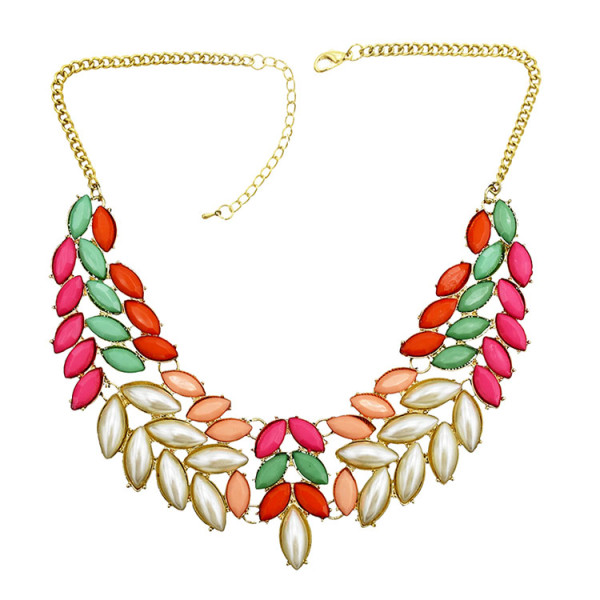 N-0276 New Fashion Chunky Gold Tone Metal Candy Resin Gem Leaf Feather Bib Necklace