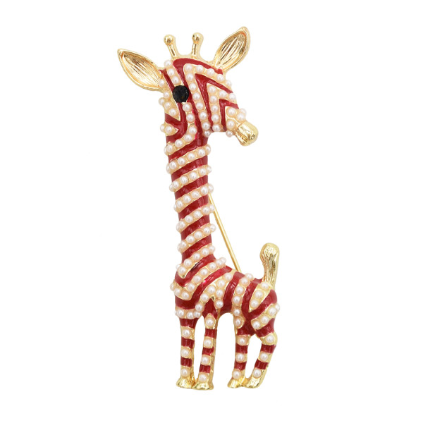 P-0407 Cute Giraffe Brooch Enamel Artificial Pearl Animal Brooch Pin for Women