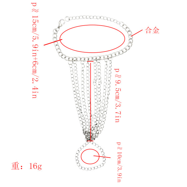 B-0905 Bohemian Silver Chain Tassel Hand Chain Harness Bracelet With Finger Ring
