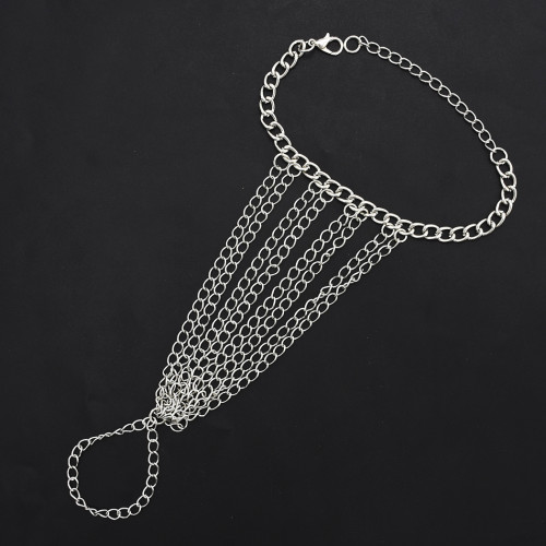 B-0905 Bohemian Silver Chain Tassel Hand Chain Harness Bracelet With Finger Ring