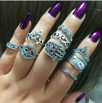 R-1504 2 Styles 9Pcs/Set Vintage Silver Metal Rhinestone Midi Finger Ring Sets for Women Boho Party Jewelry