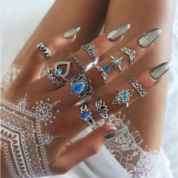 R-1505 2 Styles Rings Set Vintage Silver Metal Rhinestone Midi Finger Ring Sets for Women Gypsy Dancer Boho Party Jewelry