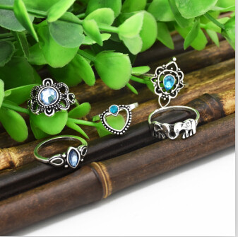 R-1505  2 Styles Rings Set Vintage Silver Metal Rhinestone Midi Finger Ring Sets for Women Gypsy Dancer  Boho Party Jewelry