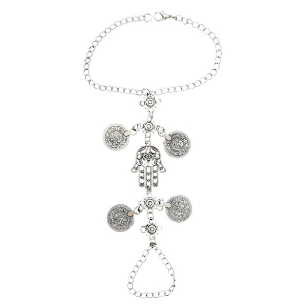 B-0906 Vintage Silver Hamsa Fatima Coins Pendant Bracelet with Finger Ring Hand Chain Harness