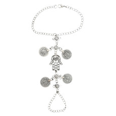 B-0906 Vintage Silver Hamsa Fatima Coins Pendant Bracelet with Finger Ring Hand Chain Harness