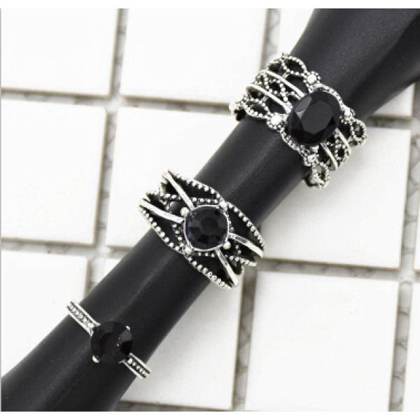 R-1503 3Pcs/Set Vintage Silver Metal Black Clear Rhinestone Knuckle Ring Sets for Women Boho Summer Jewelry