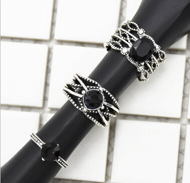 R-1503  3Pcs/Set Vintage Silver Metal Black Clear Rhinestone Knuckle Ring Sets for Women Boho Summer Jewelry