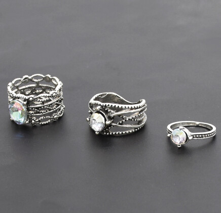 R-1503  3Pcs/Set Vintage Silver Metal Black Clear Rhinestone Knuckle Ring Sets for Women Boho Summer Jewelry