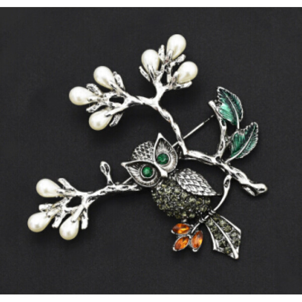 P-0408 Aamazing Gold Silver Plated Enamel Leaves hundreds of Colorful Rhinestones Owls Pin Brooch