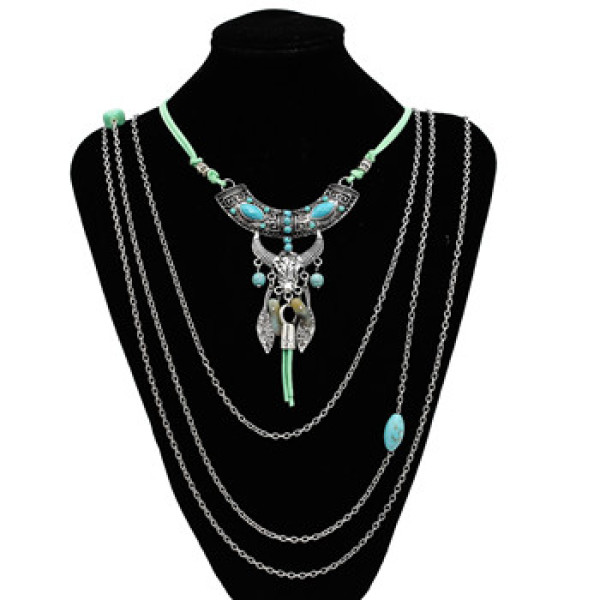N-6826 Fashion Bohemia Long Multiple layers Turquoise Tassel Charm Necklace for Women