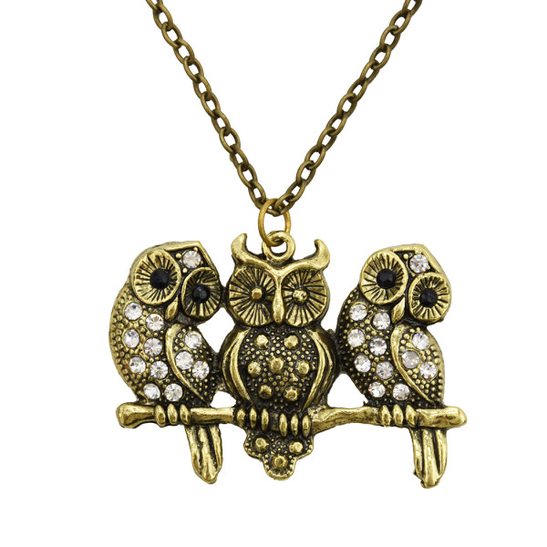 N-7106 Retro Three Owls Pendant Rhinestone Long Necklace Sweater Chain