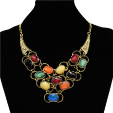 New Arrival Charming Bronze Metal Colorful Ellipse Resin Gem Bowknot Choker Necklace N-0756