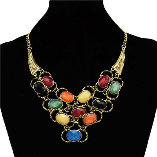 New Arrival Charming Bronze Metal Colorful Ellipse Resin Gem Bowknot Choker Necklace N-0756