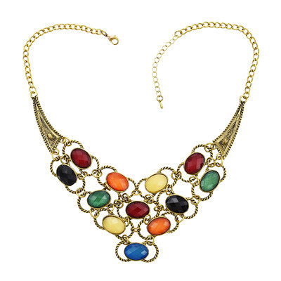 New Arrival Charming Bronze Metal Colorful Ellipse Resin Gem Bowknot Choker Necklace N-0756